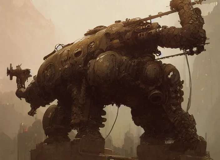 Image similar to a giant bear with a giant cannon in his back, exoskeleton, technology, elegant,, highly detailed, digital painting, artstation, concept art, smooth, sharp focus, illustration, art by krenz cushart and artem demura and alphonse mucha