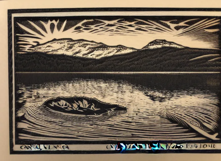 Image similar to an award winning Wood engraving on paper of The Canadian lakes