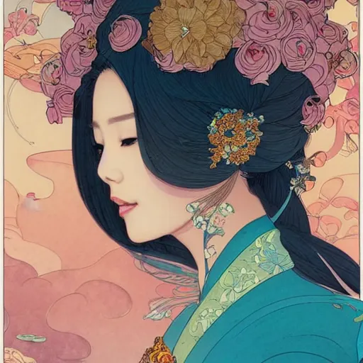 Prompt: asian princess portrait, with a flower kimono, stylized illustration by peter mohrbacher, moebius, mucha, victo ngai, colorful comic style