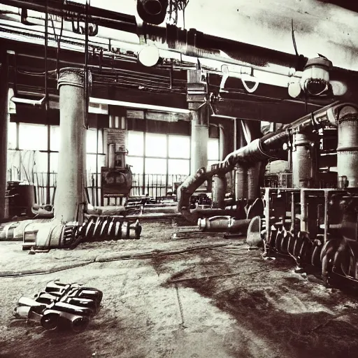 Prompt: an empty room with pipes and machinery, detailed color photograph, high quality
