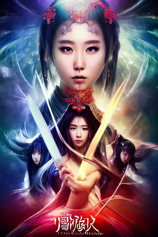 Image similar to beautiful cinematic fantasy poster, wuxia sword dance heroine, beautiful glowing galaxy eyes, hybrid from Dynasty Warriror and art direction by tian zi, WLOP, Darius Zawadzki cinematic quality character render; low angle; ultra high quality model; production quality cinema model;