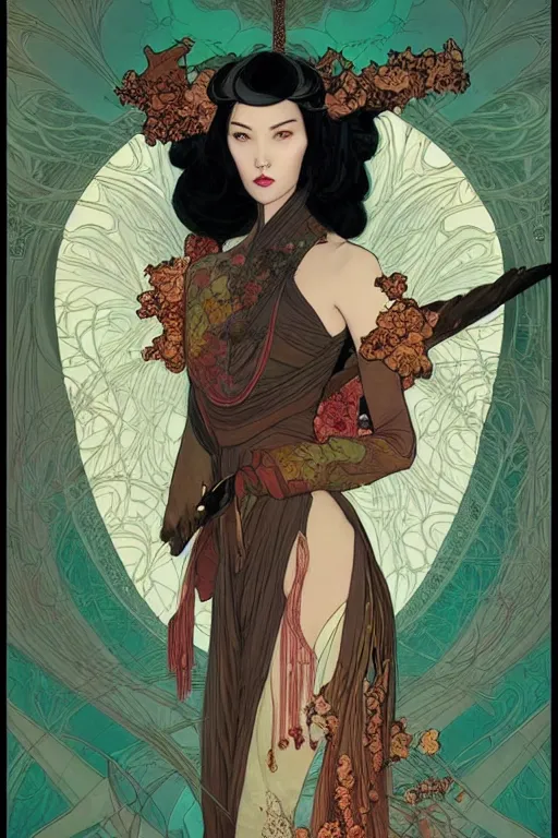 Image similar to full length portrait of a beautiful mysterious chinese fairy by eve ventrue, michael carson, andreas rochas, john watkiss, casey weldon, artgerm. art nouveau. tarot card by mucha. gloomhaven. swirly intricate linework background. gaudy colors, sharp edges. octane render