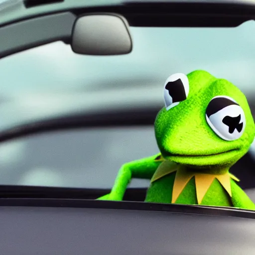 Image similar to a close up photo of a kermit the frog driving a mercedes, palm trees, close up, octane render, unreal engine, hyperdetailed