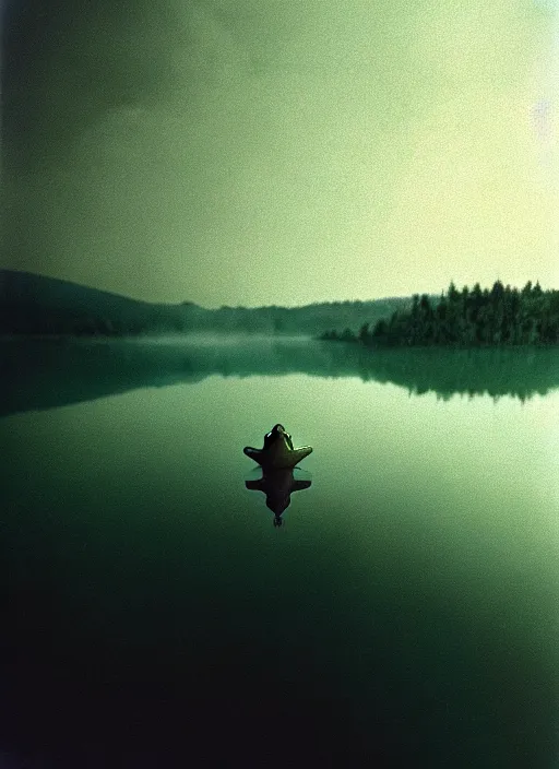 Image similar to sad, lonely frog vertically hovering above misty lake waters in jesus christ pose, low angle shot, long cinematic shot by Andrei Tarkovsky, paranormal, eerie, mystical