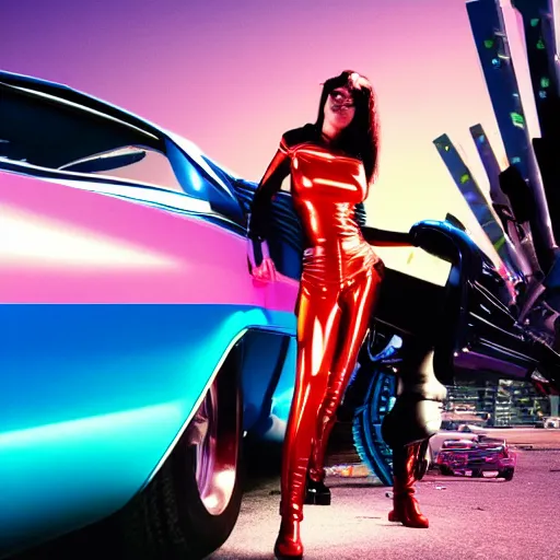 Prompt: synthwave cyberpunk girl wearing latex biker catsuit holding a molotolv sitting on a stack of speakers in the back of a blue 1967 chevy camero, in a neon city in the style of a comic book sunset city