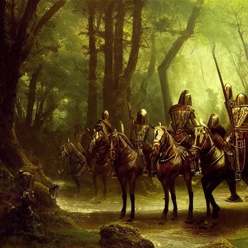 Prompt: a group of medieval european knights are riding in a column through a dark wood along a small stream, highly detailed, digital painting, sharp focus, by alber bierstadt greg rutkowski