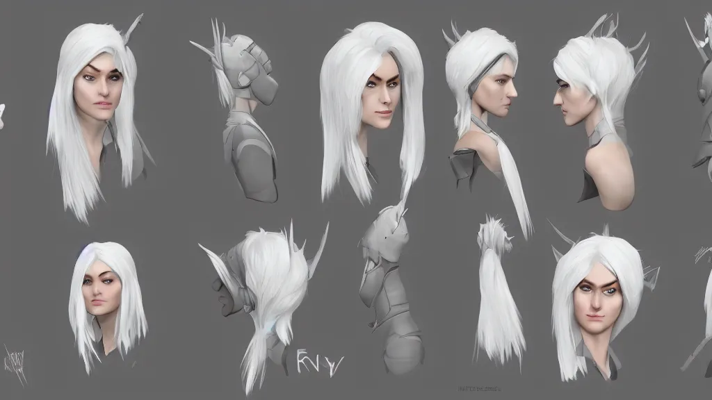 Image similar to a fantasy short white haired female rogue character design sheet, trending on artstation