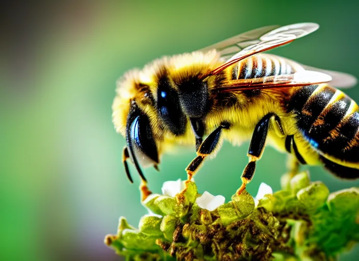 Image similar to super macro of a bee with cybernetic body drinking from a flower in the forest. fantasy magic style. highly detailed 8 k. intricate. nikon d 8 5 0 3 0 0 mm. award winning photography.