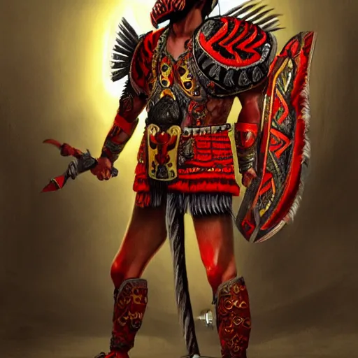 Image similar to mexican indigenous warrior in a ornated armor preparing for war, full body, dynamic pose, red and obsidian neon, concept art, intricate details, highly professionally detailed, cgsociety, highly detailed -