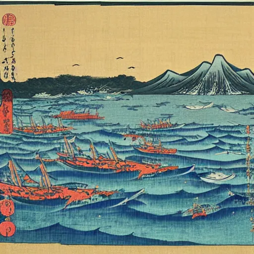 Prompt: a detailed painting of a tuna fishing port, a detailed painting by Ma Yuan, ukiyo-e, woodcut