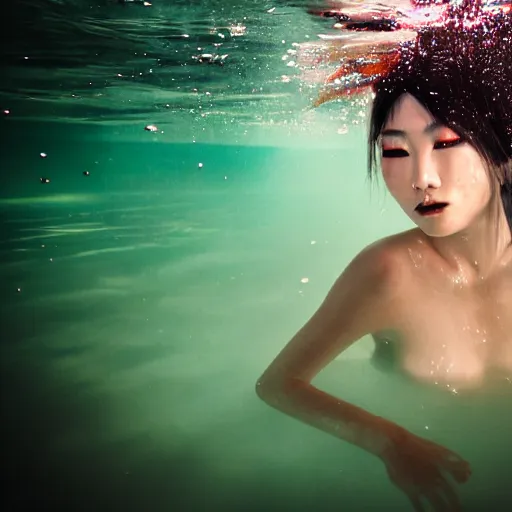 Prompt: beautiful scary japanese mermaid in emotional movement, underwater photography and light scattering, water refractions turned out impressive imho,