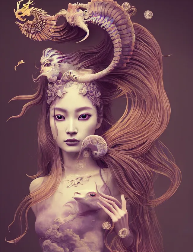 Image similar to 3 d goddess half - turn portrait with long hair with ram skull. beautiful intricately detailed japanese crow kitsune mask and clasical japanese kimono. betta fish, jellyfish phoenix, bio luminescent, plasma, ice, water, wind, creature, artwork by tooth wu and wlop and beeple and greg rutkowski