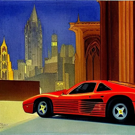 Prompt: a red ferrari testarossa in front of gothic architecture, gotham city by nc wyeth and daniel mumford