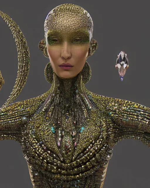 Prompt: a highly detailed metahuman 4 k close up render of an alien goddess bella hadid monument dmt in iris van herpen dress schiaparelli in diamonds crystals swarovski and jewelry iridescent in style of alphonse mucha gustav klimt trending on artstation made in unreal engine 4