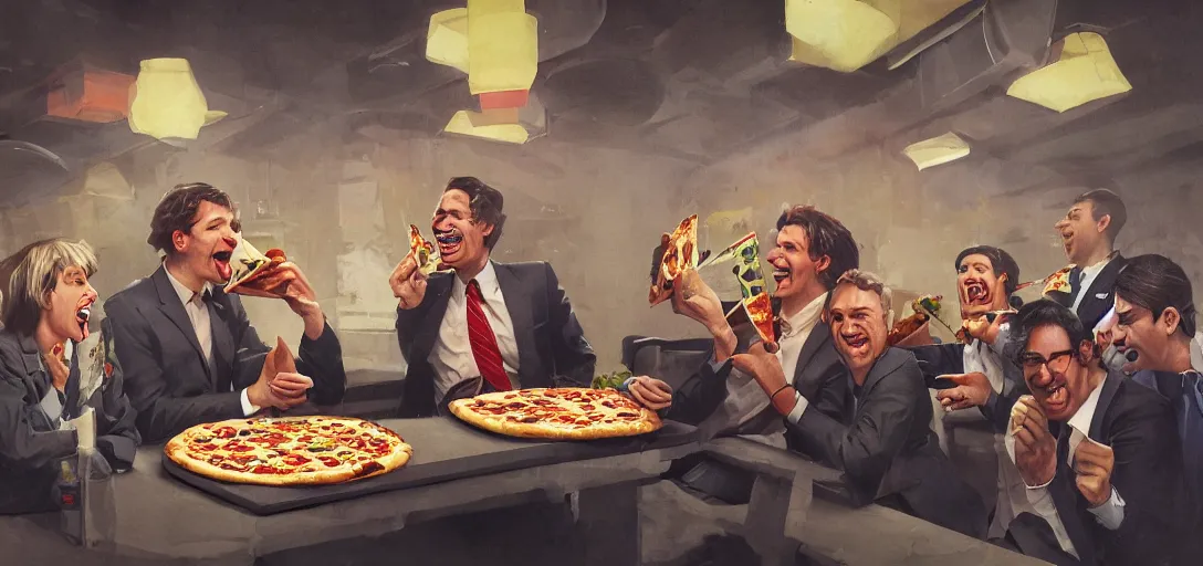 Image similar to business men eating a pizza, 80s style, smiling maniacally, 8k, james gurney, greg rutkowski, john howe, artstation