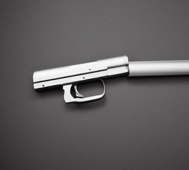Image similar to a 4 k photorealistic photo product photo of a gun designed by apple inc.