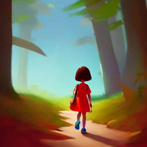 Prompt: goro fujita ilustration dora the explorer in a red dress and backpack, short hair, walking through the woods picking mushrooms, painting by goro fujita, sharp focus, highly detailed, artstation