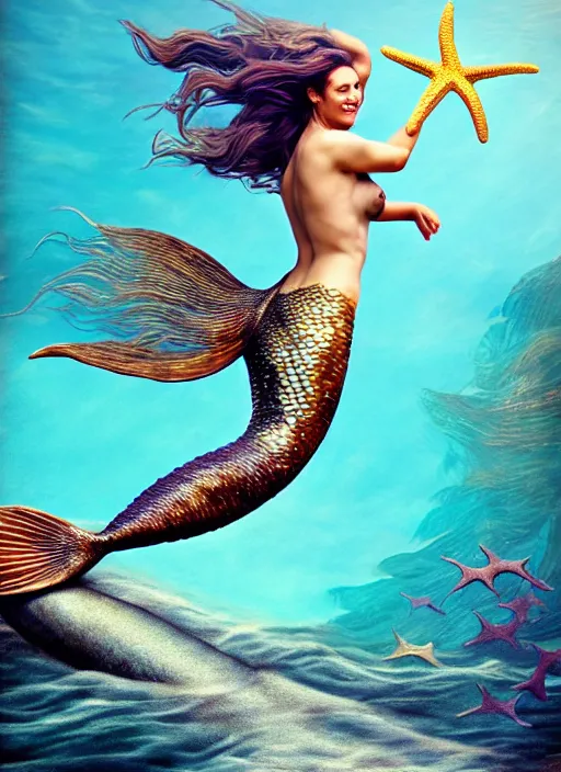 Image similar to mermaid jumping on a starfish, realistic, sharp focus, 8 k high definition, concept art, insanely detailed, intricate, elegant