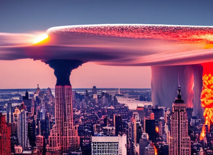 Image similar to Huge Nuclear explosion in New York, shockwave, ariel photography, distant, mushroom cloud, 8k photography