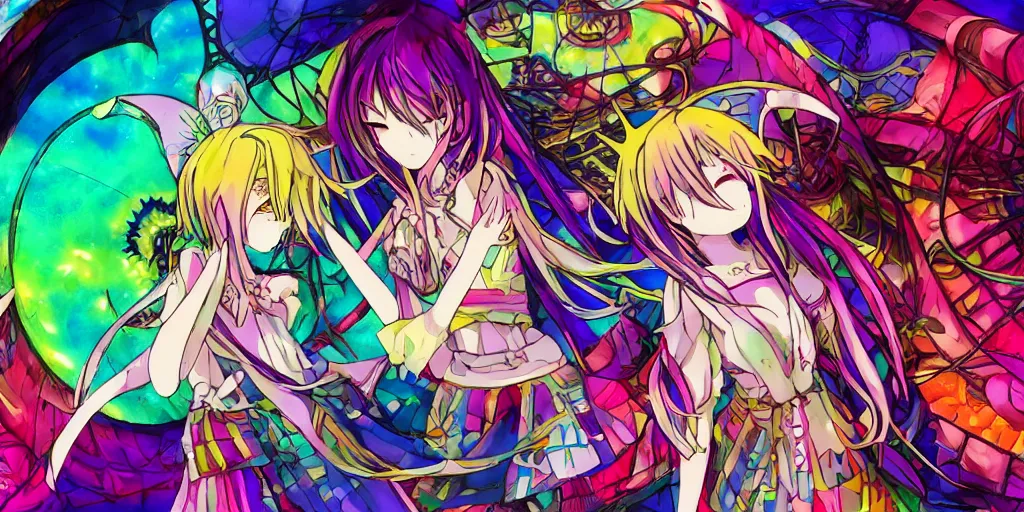 Prompt: Dreamy psychedelic anime, extremely colorful, geometric, Madoka witch labyrinth, patchwork, photoshop, HDR, 4k, 8k, abstract, two anime girls standing within two raging colorful vortexes, detailed and cute faces on the anime girls