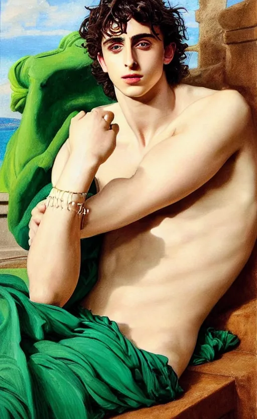 Prompt: Timothee Chalamet as Antinous in ancient Greece, intense painting, sunny, tropical, +++ super supper supper dynamic pose,  digital art, +++ SFW(SAFE FOR WORK) +++ quality j.c. leyendecker, limited edition, shiny, ++++, thick eyebrows, masculine appeal high fashion, GREEN EYES, GREEK CLOTHES, closeup, important, smirking, palm trees, tropical flowers, colorful, surrealism art, modern