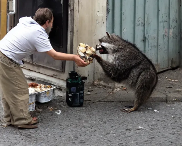 Image similar to slavoj zizek battling with a racoon for food in a trash container in the street