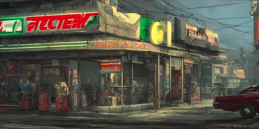 Prompt: Blackjack going to 7-11 and getting a Gatorade | Trending on ArtStation, Fallout | Hyperrealistic CGI Photorealistic Cyberpunk Post Nuclear City