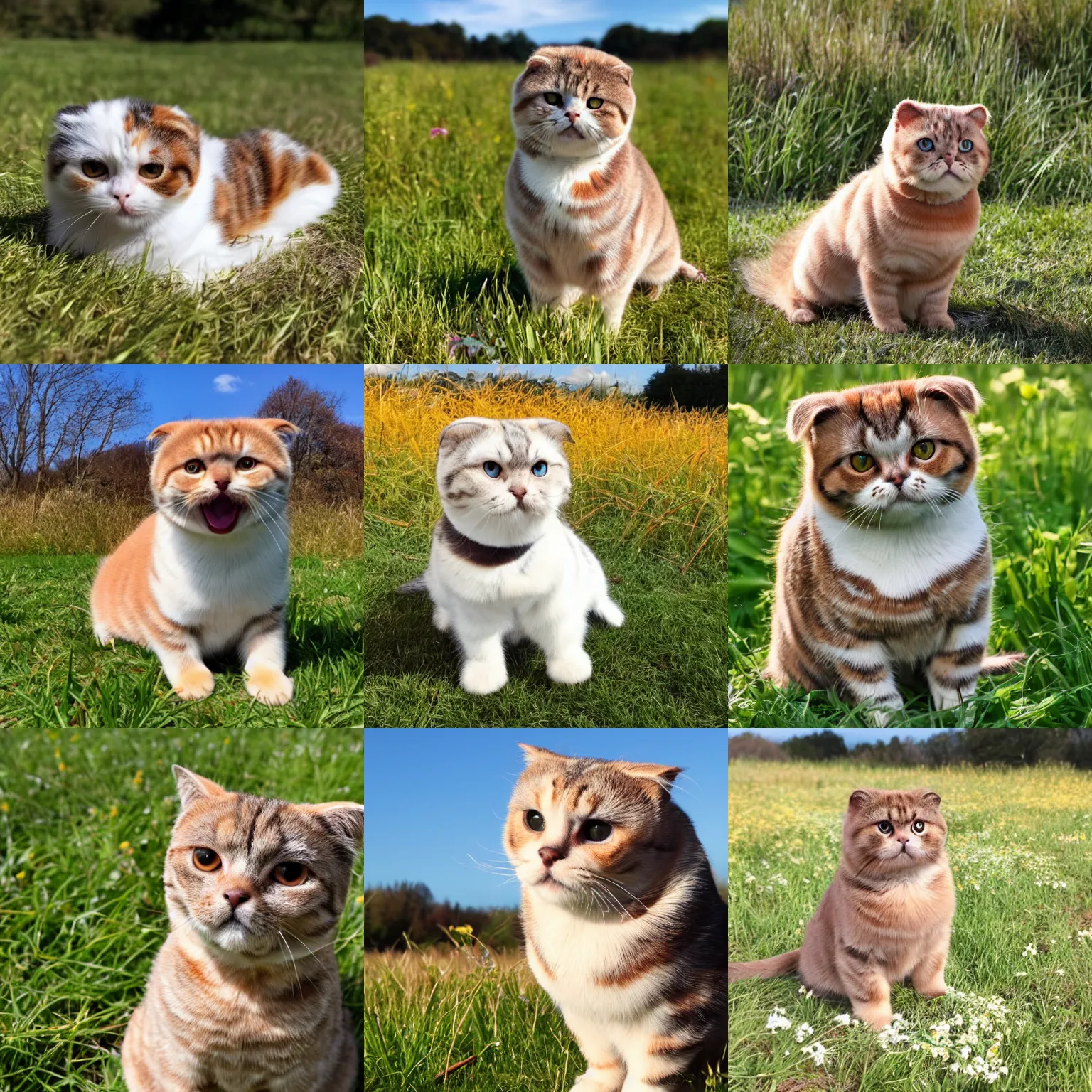 Prompt: cinnamon scottish fold sitting in the middle of sunny meadow