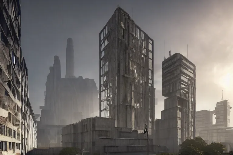 Image similar to streetscape, a towering cathedral of brutalist architecture, buildings covered with greebles, stunning volumetric light, sunset, metal, concrete and translucent material, stunning skies, majestic landscape, trending on Artstation, 8k, photorealistic, hyper detailed, unreal engine 5, IMAX quality, cinematic, epic lighting, in the style of Greg Rutkowski