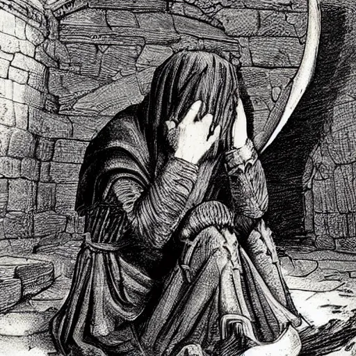 Image similar to of mediaeval man weeping concept art