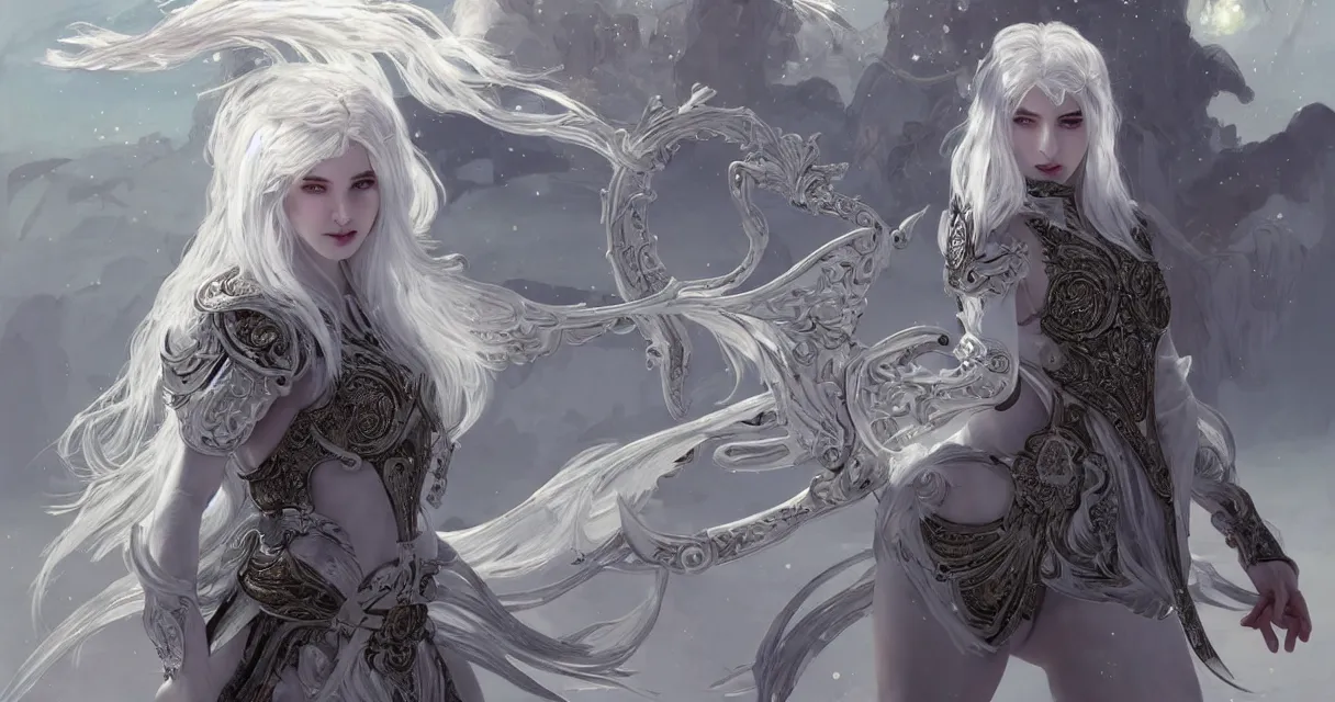 Prompt: white hair knight of zodiac girl, sliver ice color reflected armor, taekwondo dance in ruined agora of athens sunrise, ssci - fi and fantasy, intricate and very very beautiful and elegant, highly detailed, digital painting, artstation, concept art, smooth and sharp focus, illustration, art by tian zi and wlop and alphonse mucha