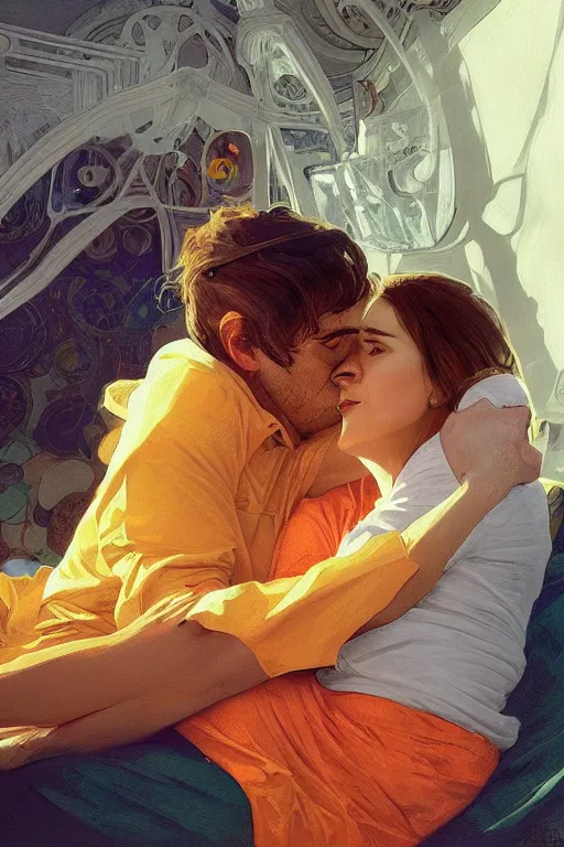 Prompt: portrait of a man in tin - foil hat and orange t - shirt hugging his wife in a bed, feelings, romantic, fantasy, intricate, elegant, highly detailed, digital painting, artstation, concept art, smooth, sharp focus, illustration, art by artgerm and greg rutkowski and alphonse mucha