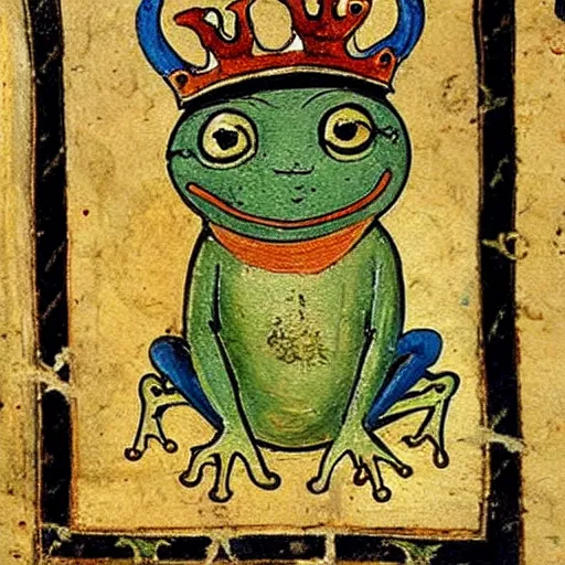 Image similar to beautiful medieval book manuscript painting of a frog wearing a crown