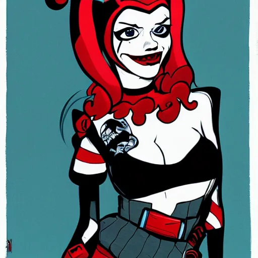 Prompt: Harley Quinn, artwork by Jamie Hewlett,