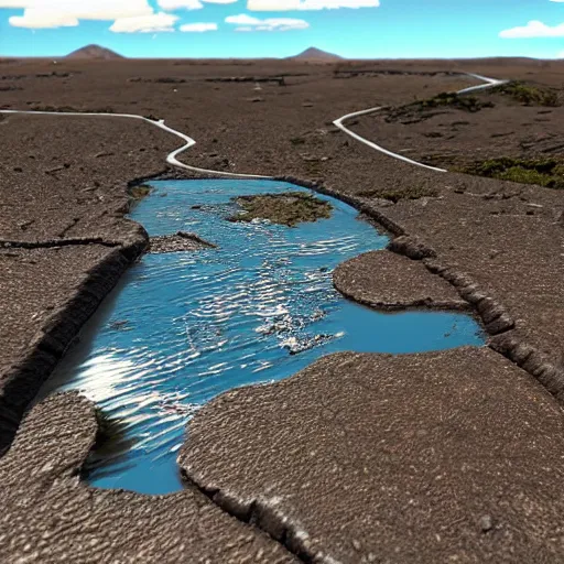 Image similar to water dripping up from a river into the blue sunny sky, desolate land, hyper detailed photorealistic