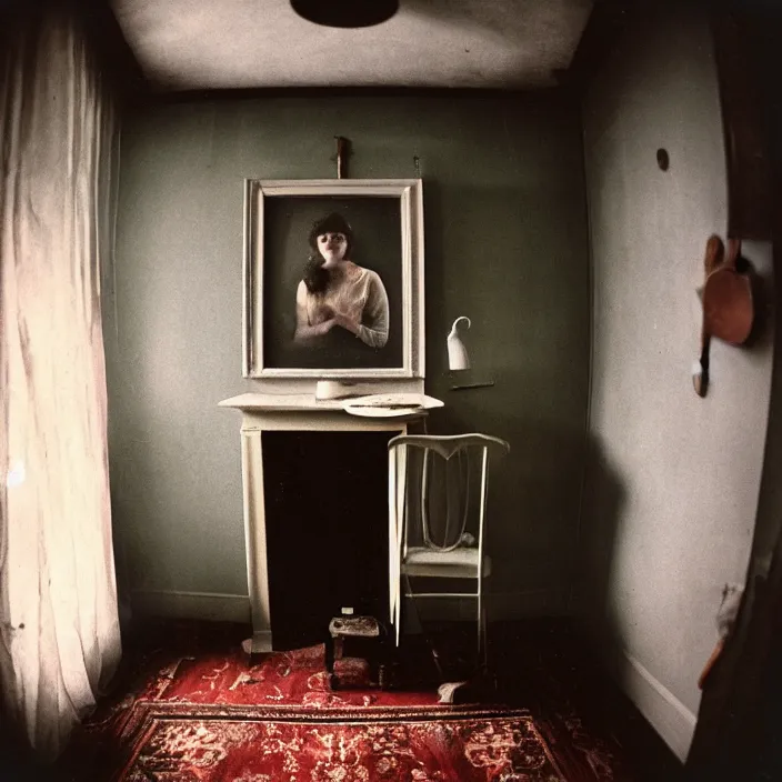 Image similar to kodak portra 4 0 0, wetplate, fisheye, award - winning portrait by britt marling, 1 9 2 0 s kitchen room, ghost, picture frames, shining lamps, dust, smoke, 1 9 2 0 s furniture, wallpaper, carpet, books, muted colours, wood, fog,