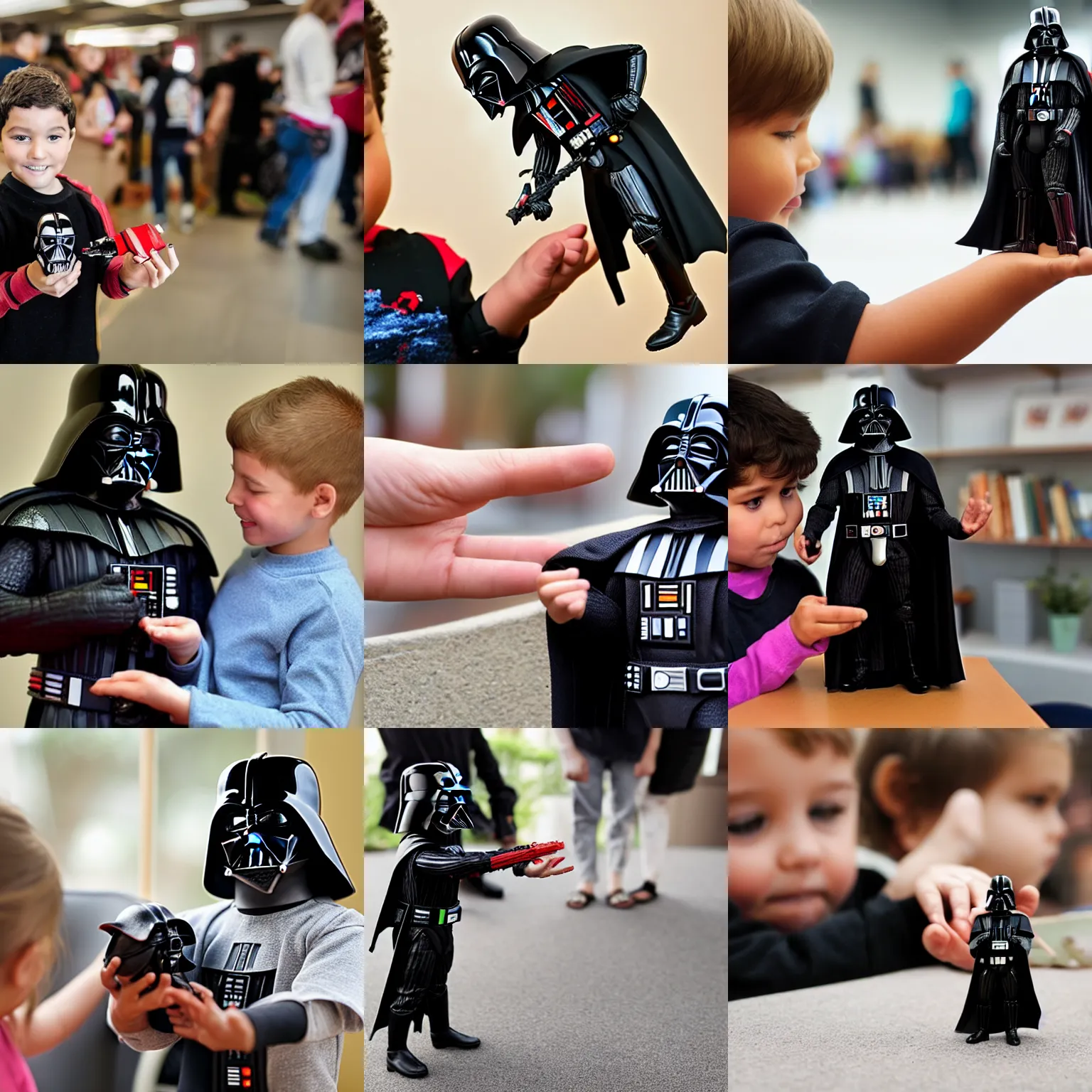 Prompt: a child holds a miniature action figure of darth vader at looks at it