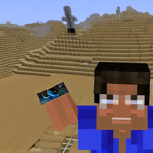 Prompt: A minecraft character with a Yasser Arafat skin standing in front of the Dome of The Rock in minecraft