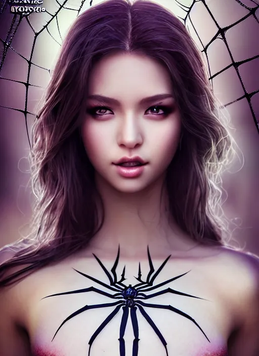 Image similar to a gorgeous female cover with spider webs photo, professionally retouched, soft lighting, realistic, smooth face, full body shot, torso, dress, perfect eyes, wide angle, sharp focus on eyes, 8 k high definition, insanely detailed, intricate, elegant, art by artgerm and jason chan and mark litvokin