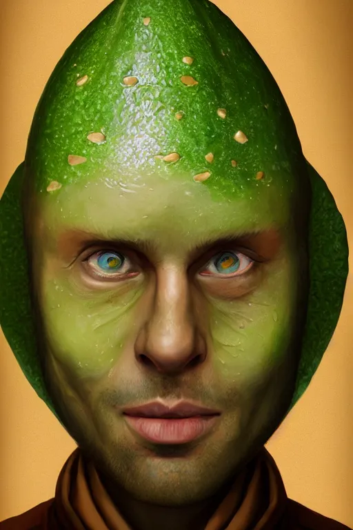 Image similar to avocadoman is a is a sorcerer's apprentice, artgem, digital painting, color painting, hyperrealistic, concept art, oil painting, masterpiece, concept art, trending on deviantart, realistic and detailed face, highly detailed, high quality, 8 k, soft lighting, fancy colors, fantasy, cinematic, high coherence