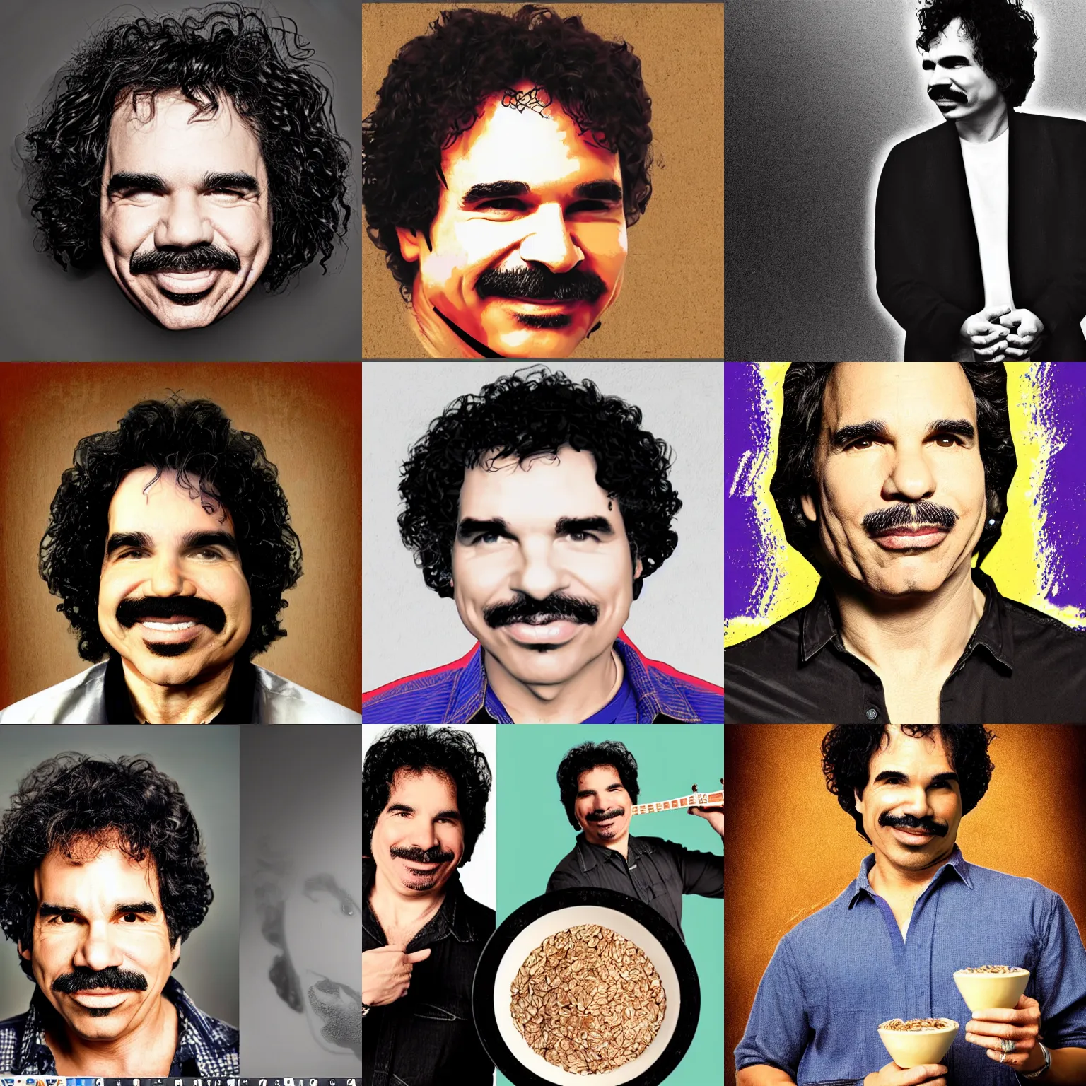 Prompt: musician john oates face merged with a bowl of oats, face, stylized, minimalist, hyper realistic, simple background