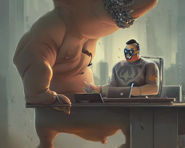 Image similar to an insanely detailed painting of a slightly chubby, nerdy asian man wearing a superhero costume and mask, sitting at a desk, staring at the nervously at the computer and typing, in the style of peter mohrbacher, dramatic lighting and composition, octane render, trending on artstation, concept art, comic book, view from behind