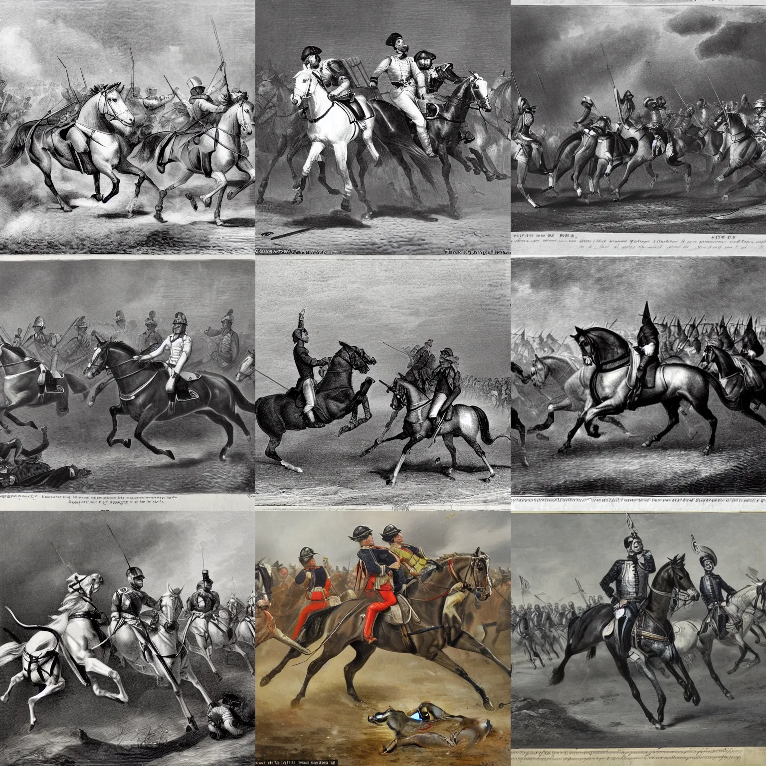 Prompt: the stairt o the cavalry charge o the Greys who chargit alongside the Inglis hivy cavalry