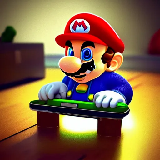 Image similar to “Super Mario playing Xbox, 3D Art, Trending on Artstation, ultra realistic, unreal engine, digital art”