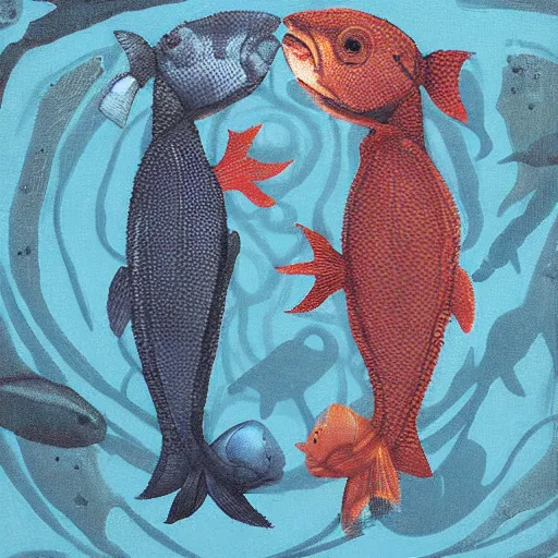 Image similar to two cods talking to eachother in deep sea, art by annie albers