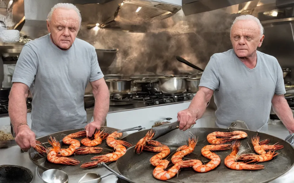 Image similar to anthony hopkins cooking king prawns in a large photo realistic pan