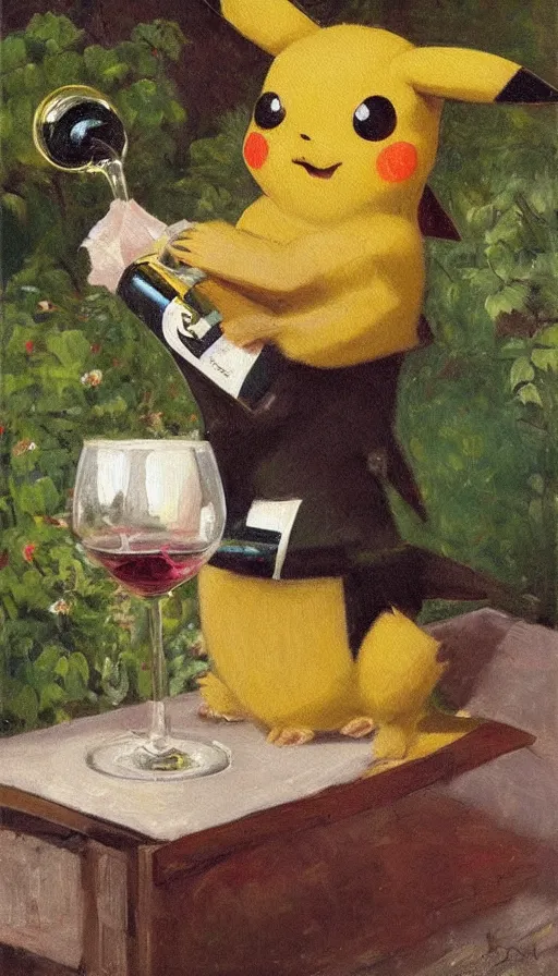 Prompt: still life painting of Pikachu drinking wine in a garden by Peder Krøyer, golden hour, dramatic lighting, intricate detail, canvas print