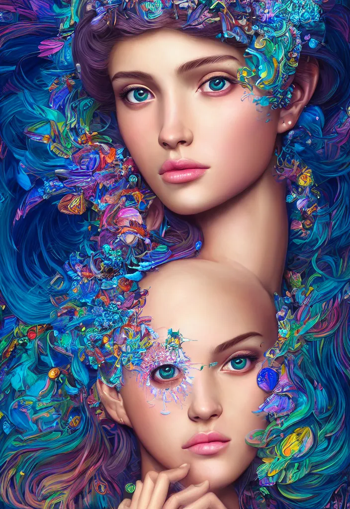 Image similar to beautiful, young woman, detailed gorgeous face, vaporwave aesthetic, synthwave, colorful, psychedelic, water droplets, feathers, crown, artstation, concept art, smooth, extremely sharp detail, finely tuned detail, ultra high definition, 8 k, unreal engine 5, ultra sharp focus, illustration, art by artgerm and greg rutkowski and alphonse mucha