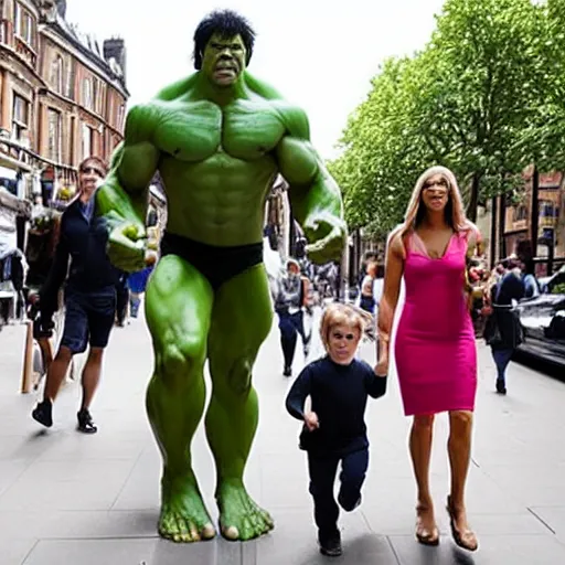 Prompt: “The Incredible Hulk and his family strolling down Marylebone High St gettyimages”