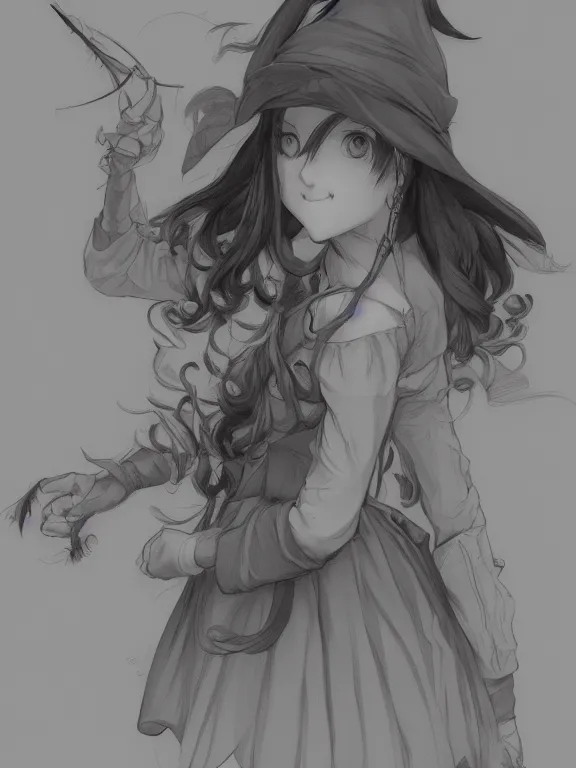 Image similar to Full shot sketch of a cute mischievous young witch about to get up to some trouble. By Range Murata and WLOP and CLAMP and Loish. Lineart only. award winning, Artstation, intricate details, Hyperdetailed, 8k resolution.